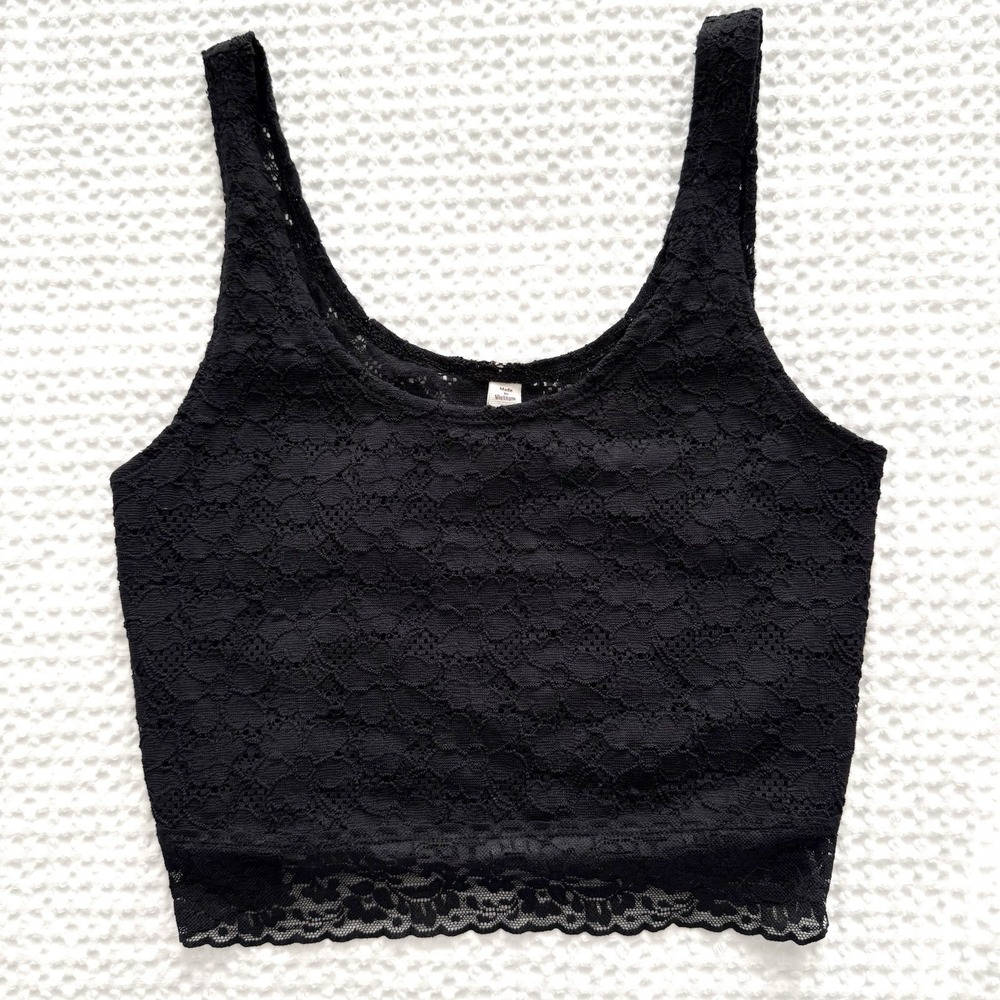 Vintage Y2K Black Lace Crop‎ Top Womens Medium Dark Feminine Gothic Fairy Grunge